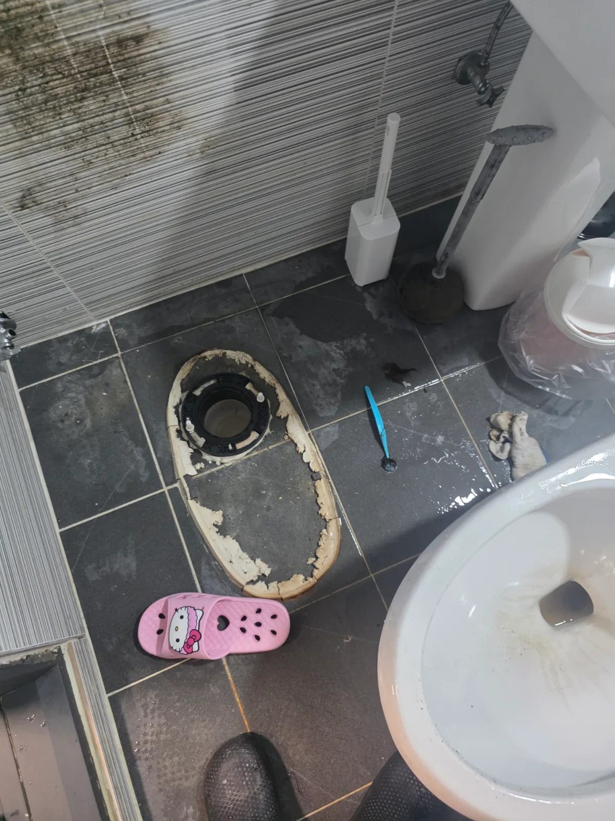 종로구 동숭동 변기막힘 변기를 탈거한 뒤 드러난 바닥 오수관 연결부와 분리된 변기 본체.